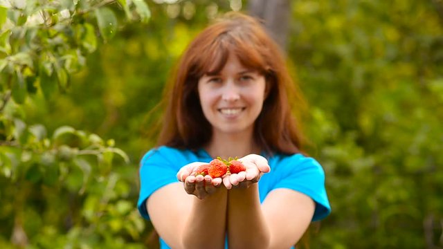 Strawberries red ripe holds in his hands the girl in a garden and smiling. Harvest season vitamin and sweet strawberries. Dietary and healthy products.