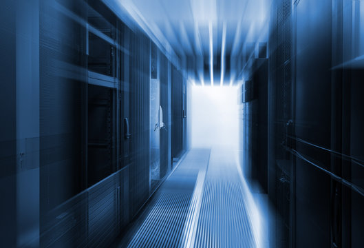 communication equipment room with lighting in data center with blur and motion