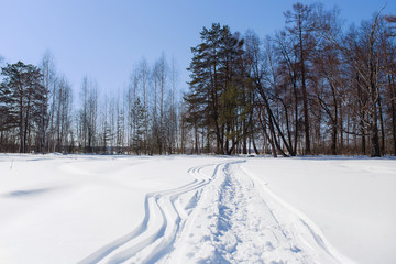 Footprints in the snow, Snow background, Winter background, Winter snow or Winter field. Russia. Early spring.