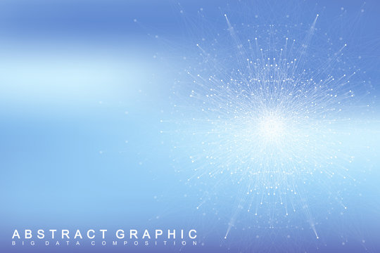 Fractal element with connected lines and dots. Big data complex. Virtual background communication or particle compounds. Digital data visualization, minimal array. Lines plexus. Vector illustration.
