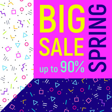 Big spring sale geometric background, memphis style, neon colors