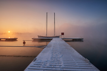boat on the lake at beautiful sunrise, Tarnobrzeg, platform