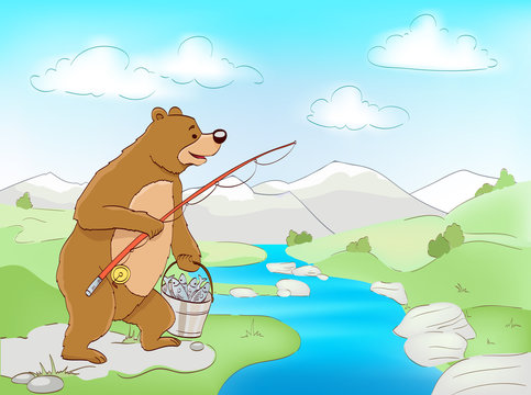 bear with fish and fishing rod, river and mountains landscape