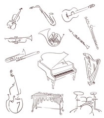 Set of classical musical instruments made in abstract hand drawn style. Vector - obrazy, fototapety, plakaty