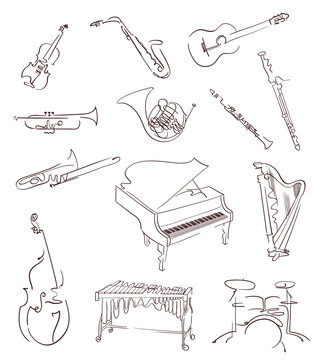Set of classical musical instruments made in abstract hand drawn style. Vector