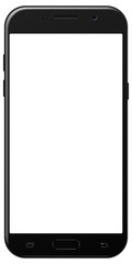 Brand new smartphone Samsung Galaxy A5 black color with blank screen isolated on white background mockup.