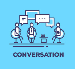 Vector business illustration of men sitting in chairs in the meeting room and talking on blue background with title.