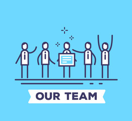 Fototapeta premium Vector business illustration of men in suits standing together and holding a board on blue background with title.