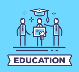 Vector business illustration of men in suits standing together and holding a diploma