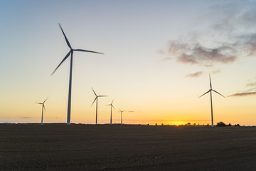 windmills at sunrise on a spring field