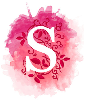 Watercolor letter calligraphy on watercolor background. Natural elements leaves curls design an element for web poster typographics A