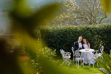 Groom and bride in the garden
