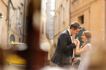 Groom and bride in the city