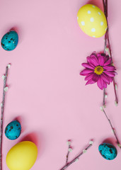 Easter quail eggs, spring flowers and willow on pink background