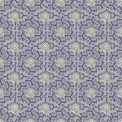 Outline geometric abstract seamless pattern yellow and blue on grey background.