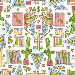 Hand drawn abstract seamless pattern with colored ornaments.