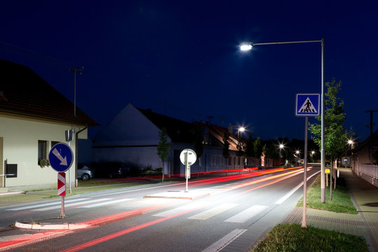 Safety Pedestrian Crossing In Village Road At Night