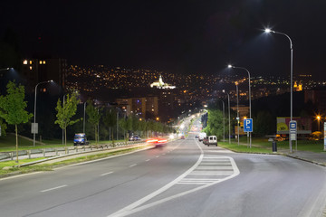 wide street to the downtown at night