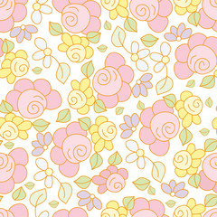 Colored hand drawn seamless pattern pink and yellow rose on white background.