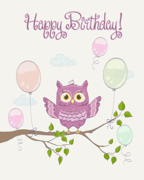 Little cute pink owl with open wings on a branch with balloons. Happy Birthday celebration greeting. vector illustration