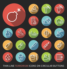 Set of Elegant Universal White Terrorism Minimalistic Thin Line Icons on Circular Colored Buttons on Black Background