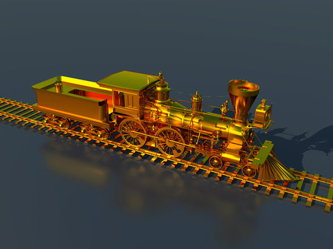 Golden American steam locomotive from the 1850s
