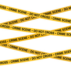 Crime scene yellow tape, police line Do Not Cross tape. Cartoon flat-style illustration. White background.