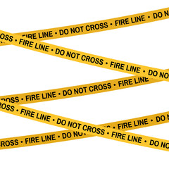 Crime scene Fire line yellow tape, police line Do Not Cross tape. Cartoon flat-style illustration White background.