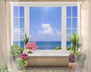 Fototapety  Okno z kolorowymi kwiatami, letni widok na morze z chmurami, cyfrowy fresk