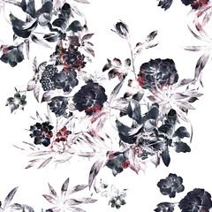 Akwarela obraz liść i kwiaty, bezszwowy wzór na białym tle - 138070511