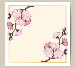 Greeting card with a branch of pink sakura blossoms. Vector illustration.