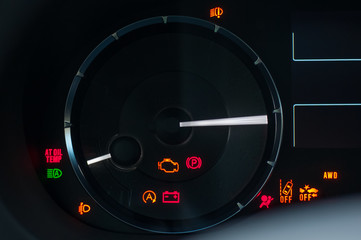 Naklejka premium Car dashboard warning lights. Engine start moment. System check.