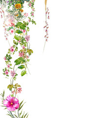 watercolor painting of leaves and flower, on white background
