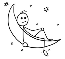 Stickman Cartoon of Man Enjoying Sitting on the Crescent Moon