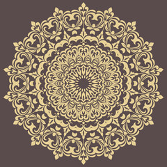 Oriental vector round golden pattern with arabesques and floral elements. Traditional classic ornament. Vintage pattern with arabesques