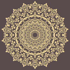 Oriental vector round golden pattern with arabesques and floral elements. Traditional classic ornament. Vintage pattern with arabesques