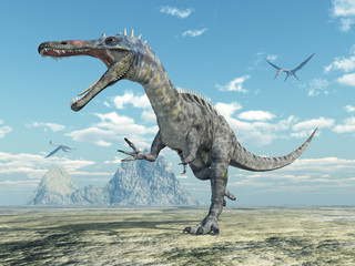 Dinosaur Suchomimus and pterosaur Quetzalcoatlus - obrazy, fototapety, plakaty