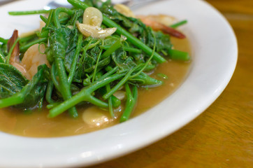 Stir-Fried Chinese Water Cress with Shrimp and Garlic.