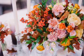 Elegant beautiful table decorated. Close up. Wedding concept