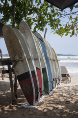 Plenty of surfing boards on the beach.
