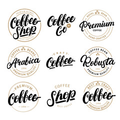Fototapeta na wymiar Set of Coffee hand written lettering logo, label, badge, emblem.