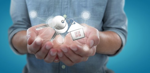 Composite image of man holding invisible object  3D