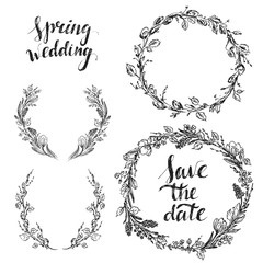 Wedding design set with round frames and save the date lettering.