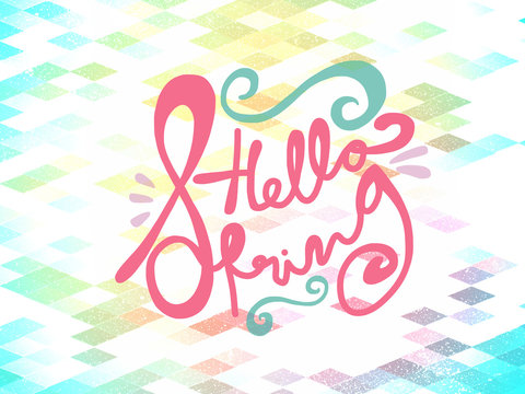 Hello spring word lettering illustration on colorful square abstract background