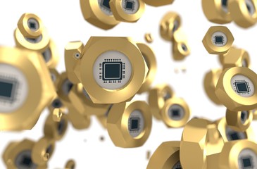 Nuts levitation group with CPU microprocessor icon. Shallow depth of focus. 3D rendering