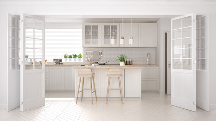 Scandinavian classic kitchen with wooden and white details, minimalistic interior design - obrazy, fototapety, plakaty