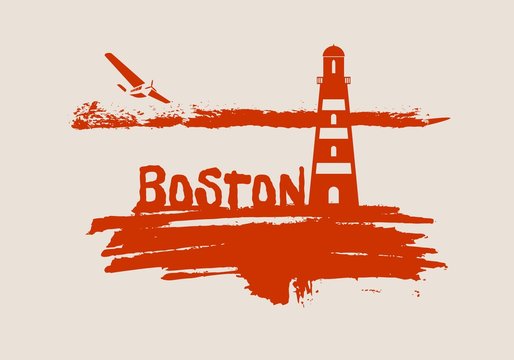 Lighthouse on brush stroke seashore. Clouds line with retro airplane icon. Vector illustration. Boston city name text.