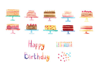 Watercolor hand drawn illustration with set of cute colorful cakes on stands, lettering Happy Birthday, candles and dots isolated on white