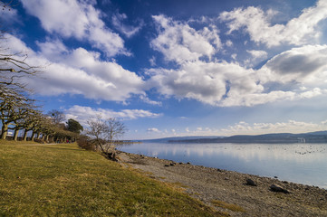 Seeufer Bodensee im Fr&uuml;hling mit blauen Himmel und sch&ouml;ner Wolkenpracht