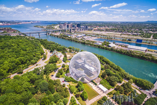 Aerial view of Montreal Biosphere and Saint Lawrence river in Montreal, Quebec, Canada.